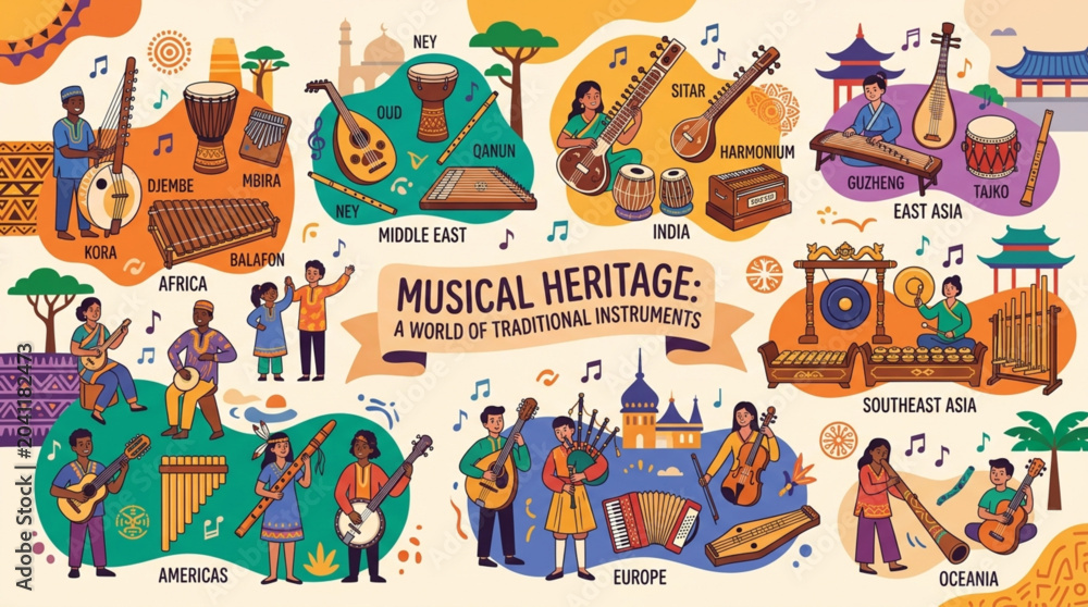 Obraz premium Musical heritage world traditional instruments vector illustration with ethnic people playing cultural music from Africa, Asia, Europe, Americas, and Oceania