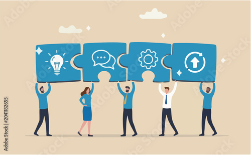 Team collaboration for success, teamwork or cooperation, employee participation or organization, partnership work together, career growth concept, business people employee connect arrow jigsaw puzzle