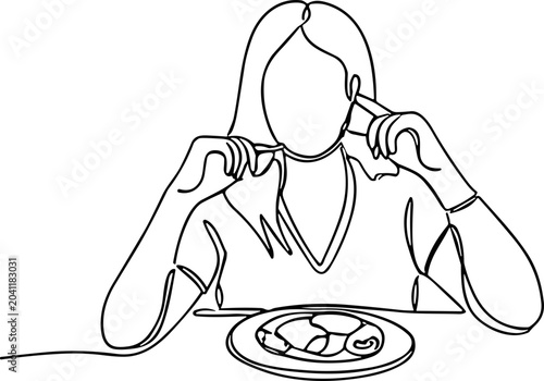Canvastavla Woman covering ears at dinner table, avoiding noise, one line art illustration