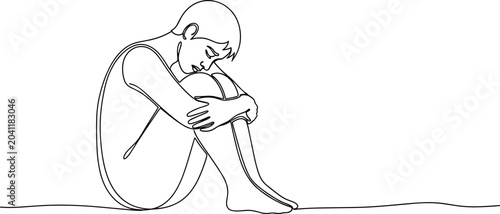 Tableau sur toile Minimalist line art of a person curled up, expressing loneliness and introspection