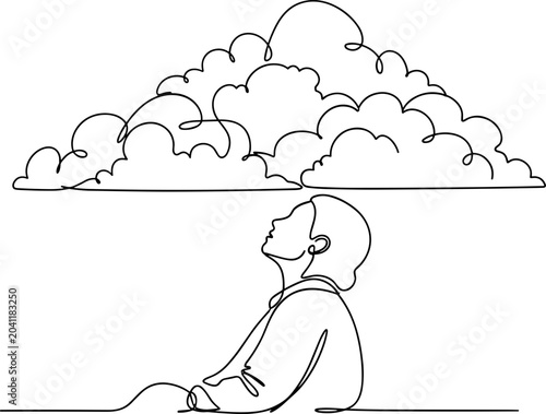 Foto Child Looking Up at Puffy Clouds, Single Line Drawing Illustration