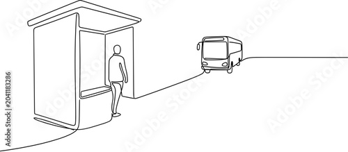 Photos Minimalist single line drawing of a person waiting at a bus stop for an approaching bus
