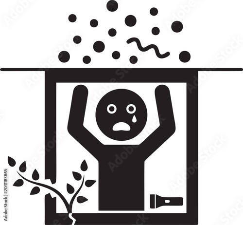 Scared person in box with falling debris and broken plant.