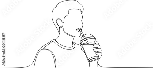 Tableau sur toile Minimalist Line Art: Man Drinking Beverage from Cup with Straw
