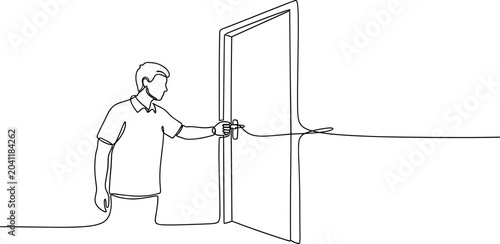 Man opening door with key, continuous line drawing art