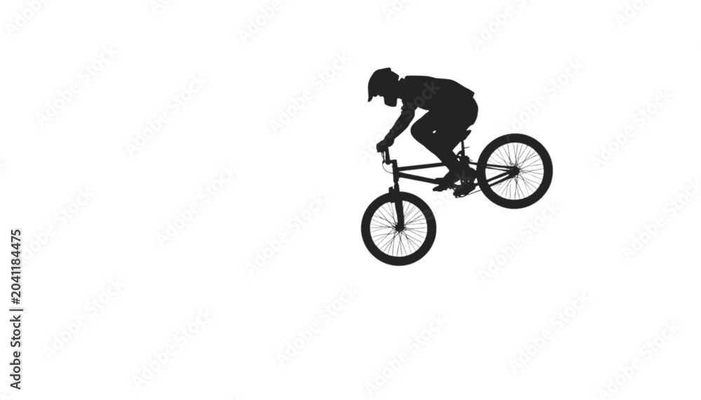 Naklejka premium Bicyclist executes a high aerial maneuver while riding a bicycle on a simple white background base.