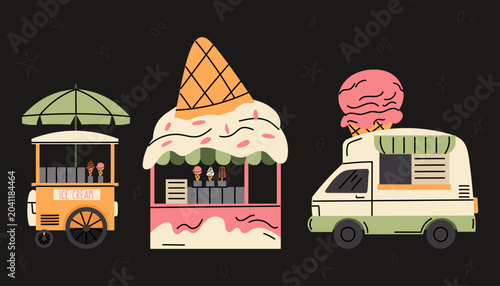 Cute ice cream shop set. Cart, stall and food truck, hand drawn illustration. Summer dessert. Ice cream truck on a dark background.