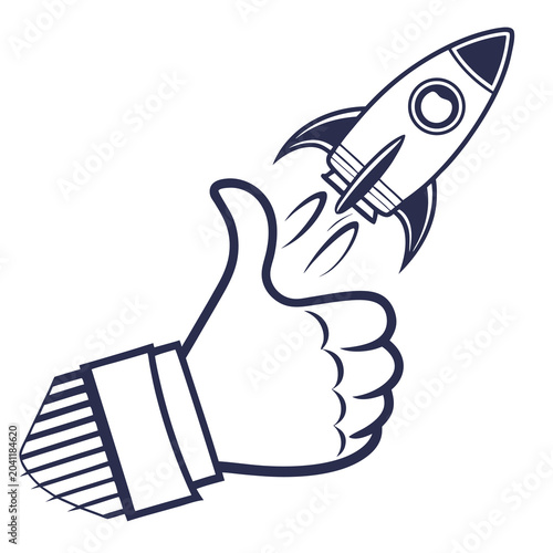 Thumbs Up Icon with Rocket Launching Upward Business Success and Growth Concept Clean Line Art Illustration