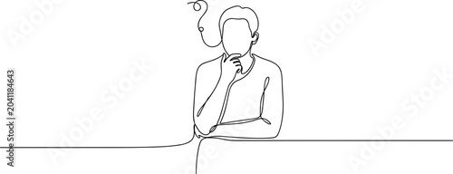 Continuous line drawing of a person thinking, hand on chin, abstract thought bubble