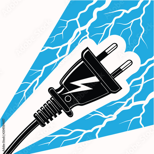 Electrical Plug Connecting to Power Source with Lightning Bolt Symbol Bold Graphic Style