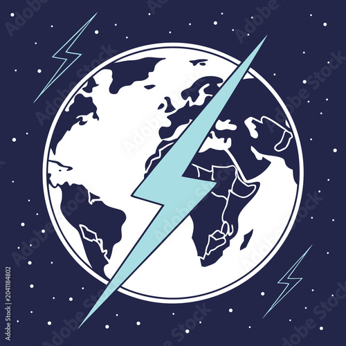 Planet Earth Energy Lightning Bolt Symbol Global Power Concept Minimalist Flat Design