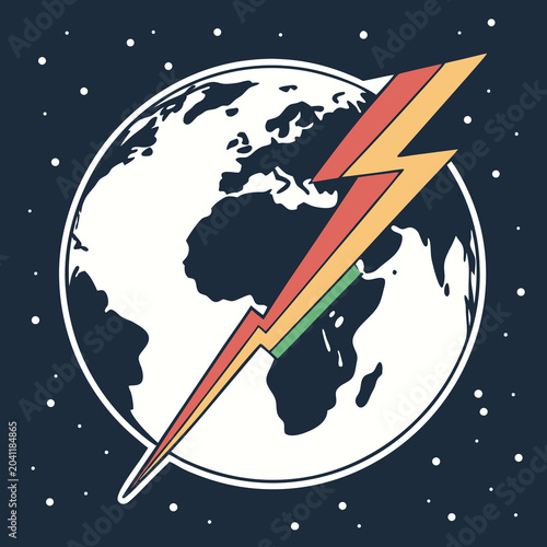 Global Lightning Bolt Strikes Earth Orbiting Planet Space Stars Retro Style