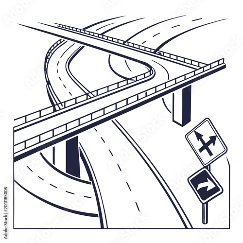 Complex highway interchange with directional signs overhead view graphic illustration