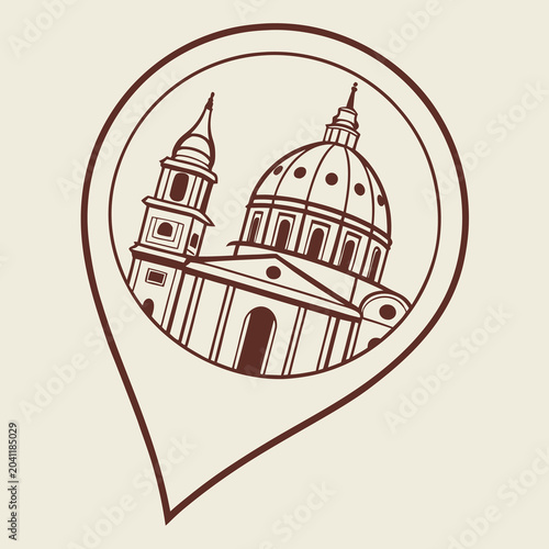 Architectural Landmark Icon European Dome Building Landmark Pin Marker Travel Navigation Line Art Style