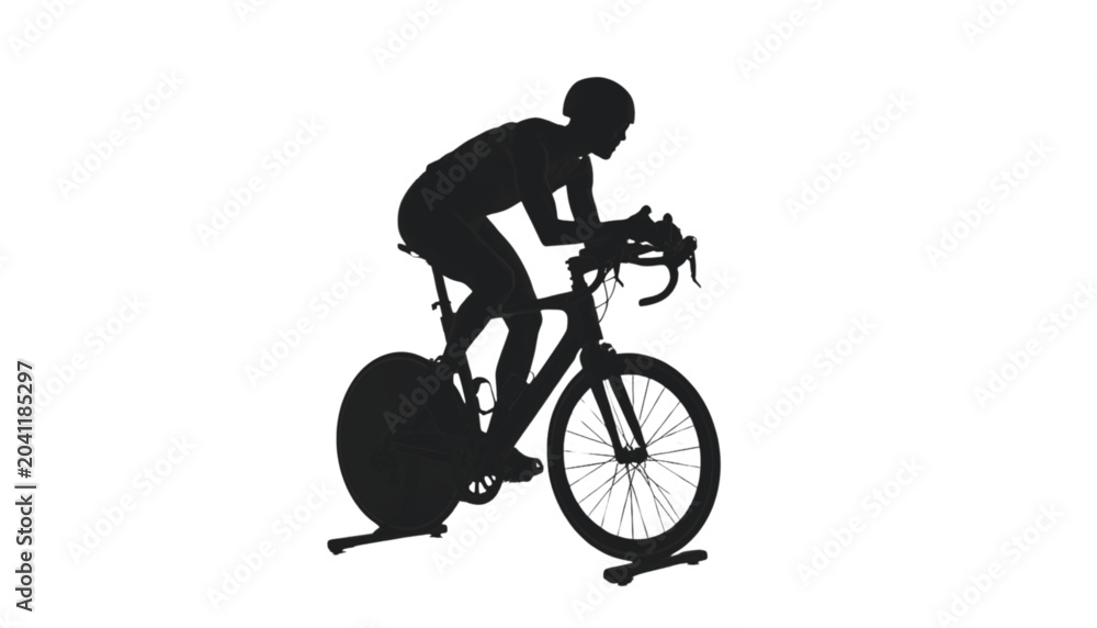 Fototapeta premium Triathlete silhouette pedaling on a stationary indoor trainer highlights intense focus during training.
