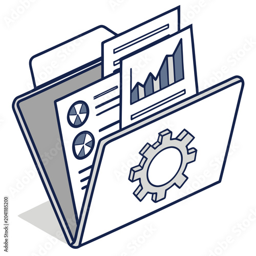 Business Folder with Financial Reports and Gear Icon Isometric Vector Illustration