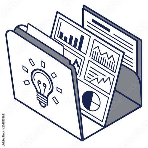 Folder with Business Charts and Lightbulb Idea Symbol Isometric Outline Vector Illustration
