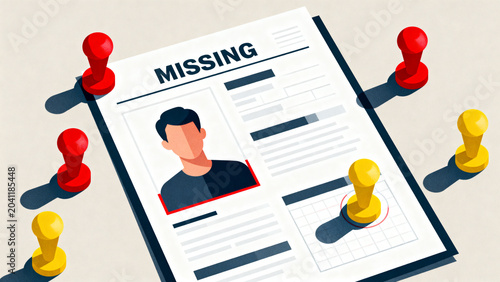 Missing person poster with photo and location markers on map