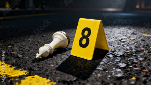Crime scene evidence marker beside fallen chess king on asphalt