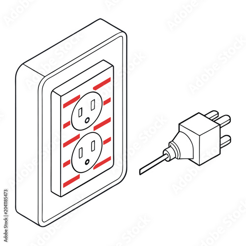 Electrical Outlet With Two Receptacles And A Plug Ready For Connection Isometric View Clean Lines