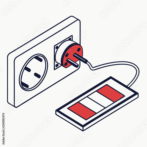 Electrical Plug Connecting to Wall Socket Charging Device Isometric Line Art Style