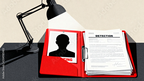 Detective case file with suspect photo and investigation documents