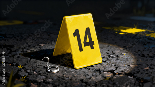 Crime scene evidence marker beside eyeglasses on cracked asphalt