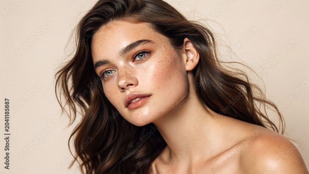 Fototapeta premium Natural Beauty Portrait of Woman with Glowing Skin and Minimal Makeup