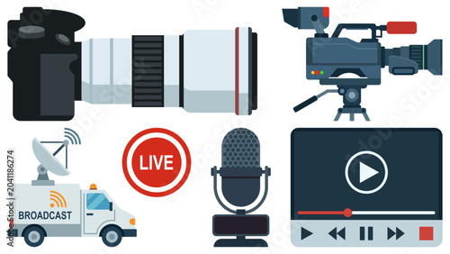 Obraz na płótnie Professional media report elements collection including broadcast van, live sign and video camera