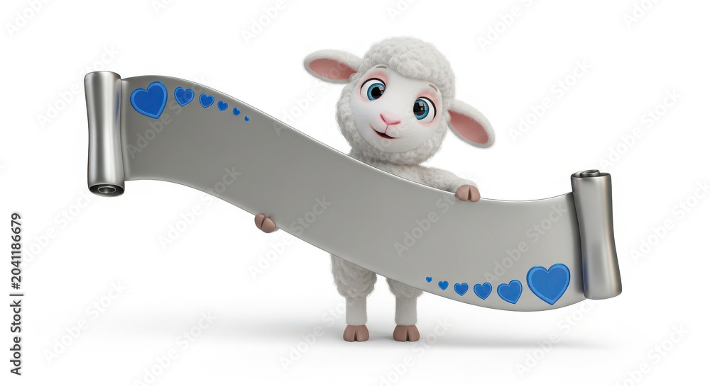 Fototapeta premium A cute, fluffy 3D cartoon baby sheep character stands against a white background, happily holding a blank metallic scroll banner that is elegantly decorated with several small, vibrant blue hearts.