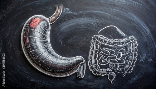 Chalk‑style anatomical drawing of human stomach and intestines on dark background, symbolizing digestive system, medical education, and biological structure in scientific illustration.