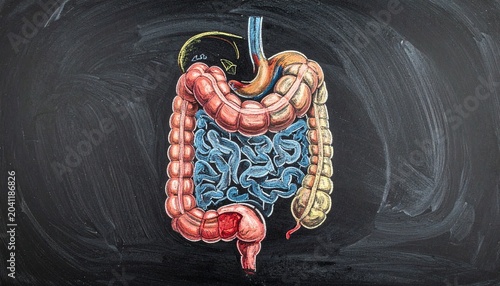 Chalk‑style anatomical drawing of human stomach and intestines on dark background, symbolizing digestive system, medical education, and biological structure in scientific illustration.