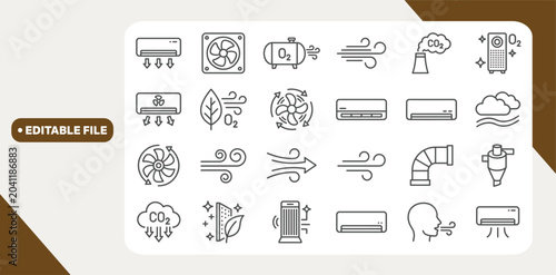   Air outline icon set with editable strokes featuring ventilation, AC, fan, wind, oxygen and pollution UI.