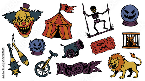 Canvas Print A creepy clown rides a unicycle with a lion and skeleton performing Halloween ci