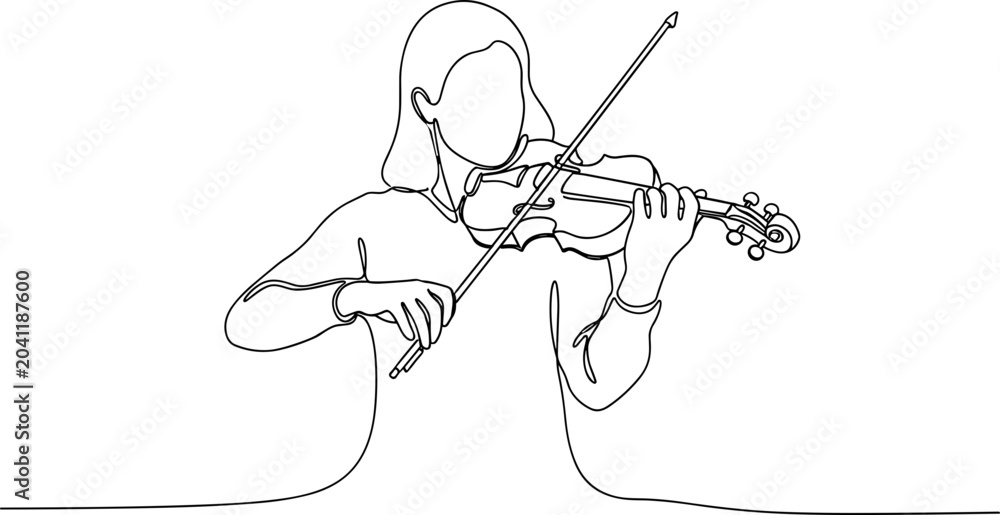 Fototapeta premium Continuous line drawing of a woman playing the violin, minimalist art, elegant music concept