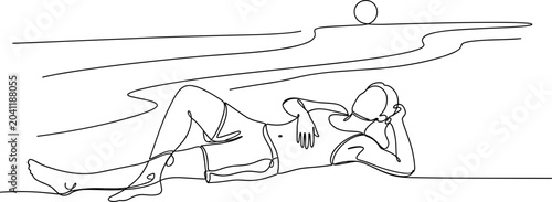 Photography Relaxed person lying on beach, minimalist line art, sun and sea background