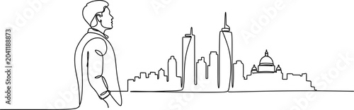 Fotografía Man in profile looking at cityscape, continuous line drawing