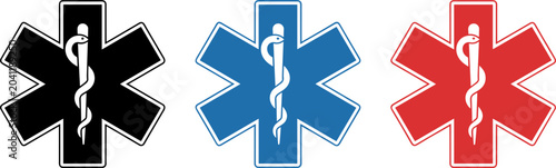 Star of Life Medical Symbols in Black Blue and Red on White Background illustration untitled