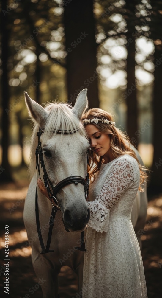 Obraz premium Beautiful Woman in White Dress with White Horse in Forest.