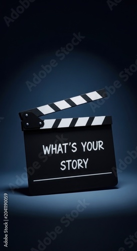 Clapperboard with the text WHATS YOUR STORY in a cinematic setting.