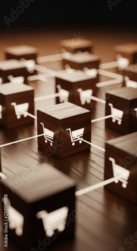 Connected Shopping Carts Network Representing E-commerce and Online Business.
