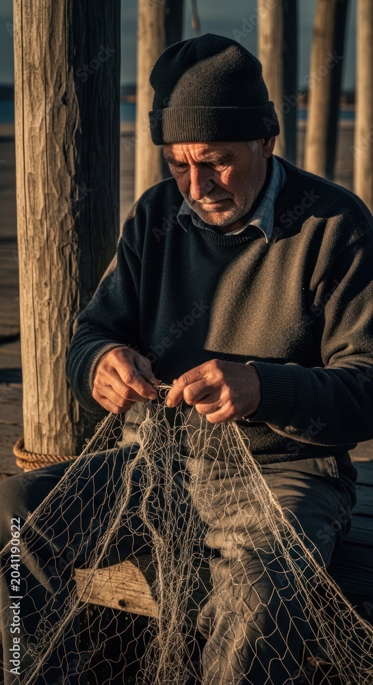 Obraz premium Elderly Fisherman Mending Net Outdoors at Sunset.