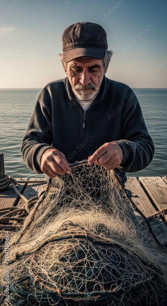 Obraz premium Elderly Fisherman Mending Net on Wooden Pier by the Sea.