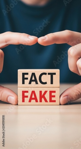 Fact vs Fake News Concept Blocks with Fingers Approaching.