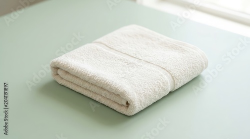 Soft, clean white towel neatly folded on a light green surface, ready for use.
