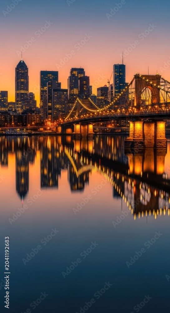 Fototapeta premium Vibrant Cityscape at Dusk with Illuminated Bridge and Reflection.