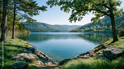 Cinematic wide panoramic view of calm clear water at Table Rock Lake surrounded by lush green forests and a rocky shoreline in the Ozark mountains created with Generative AI Technology, ai, generative