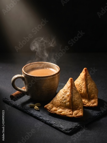 Steaming cup of chai with crispy fried samosas
