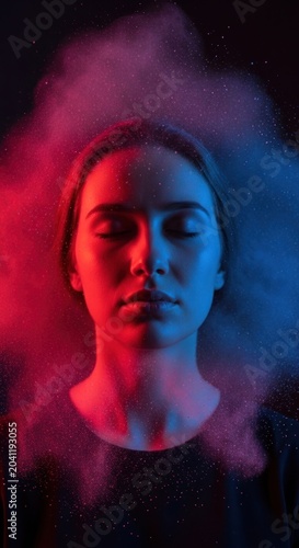 Womans Face Illuminated by Red and Blue Neon Lights with Smoke.