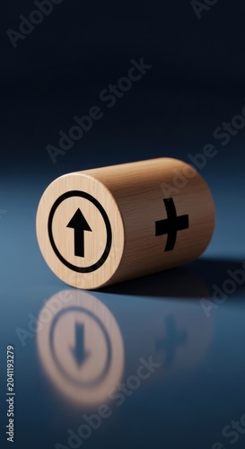 Wooden Battery Symbol with Up Arrow and Plus Sign.